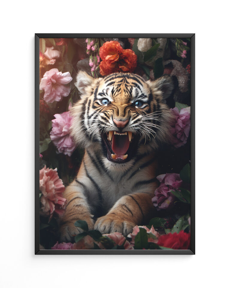 brochstudio poster of a baby tiger raoaing in a frame