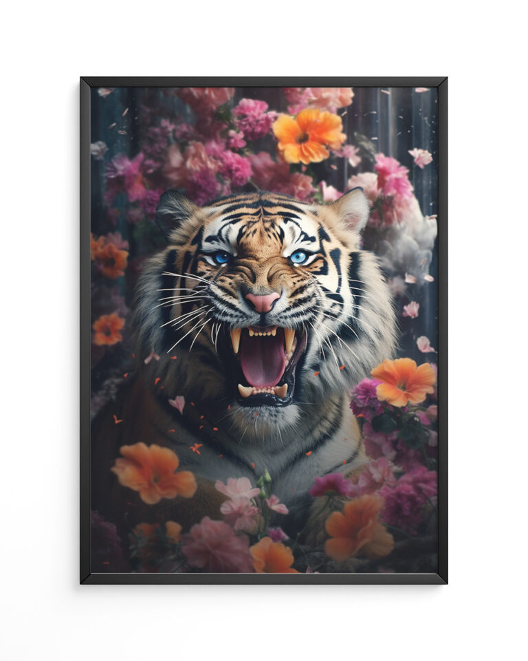 roaring tiger covered in flowers in a poster frame