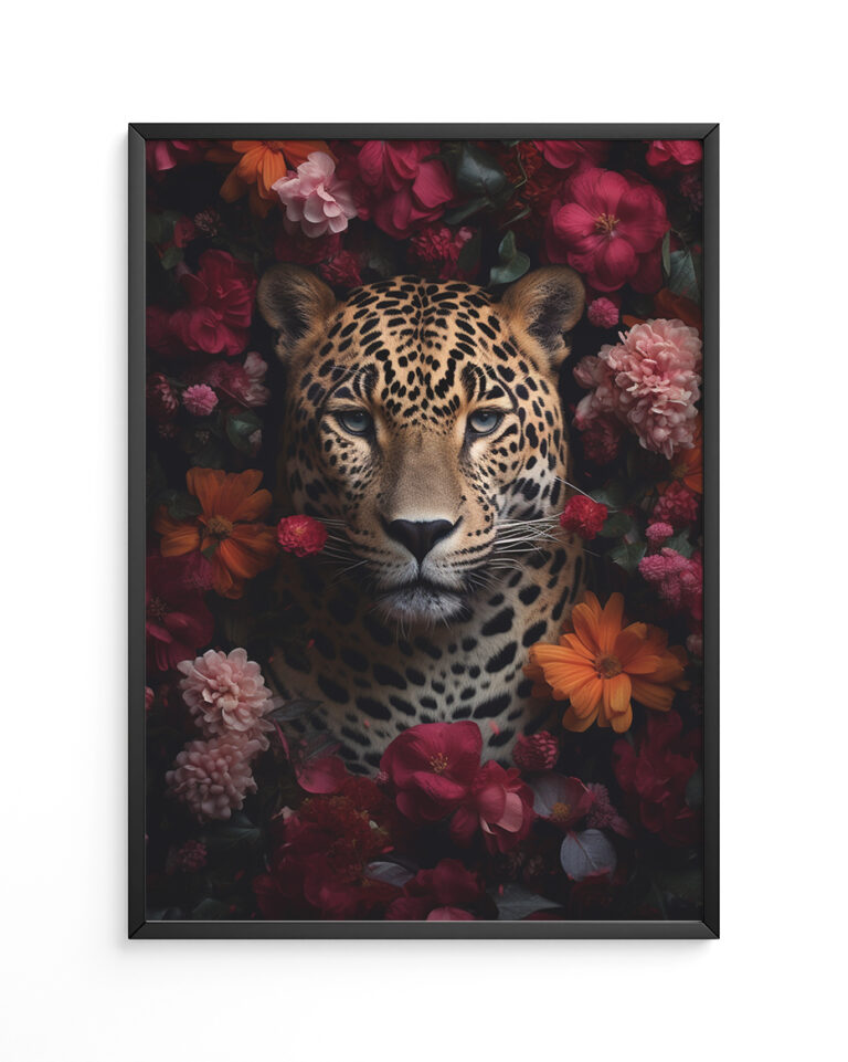 leopard covered in flowers in a poster frame