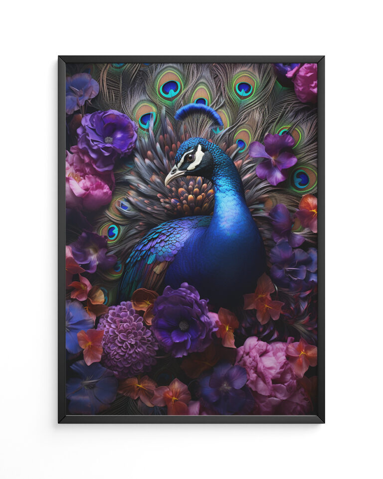 Peacock covered in flowers with beautiful colors